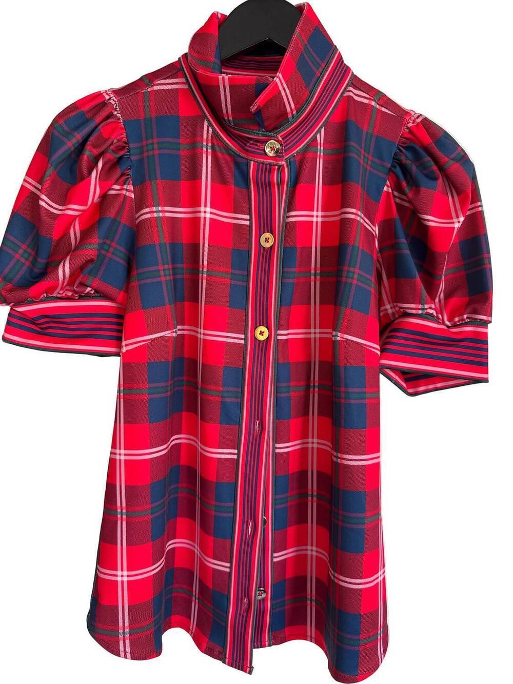NEW GRETCHEN SCOTT women's puff sleeve top in red plaid